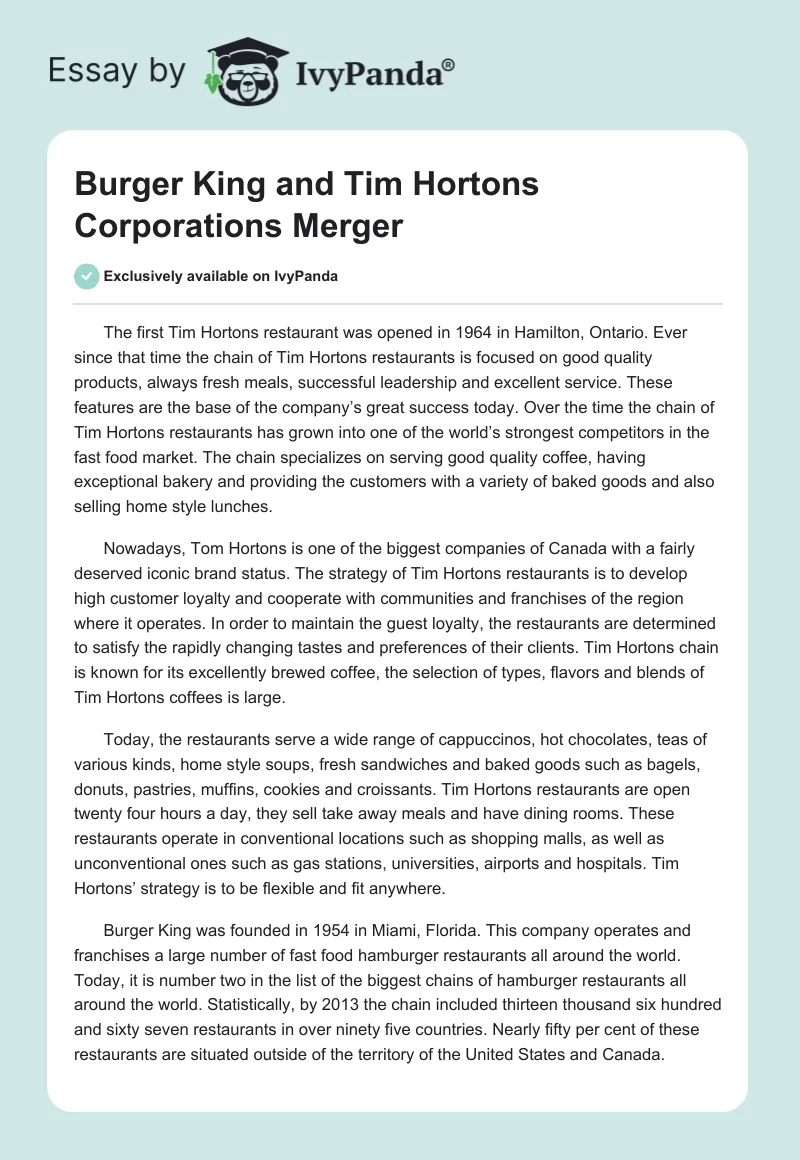 Burger King and Tim Hortons Corporations Merger. Page 1