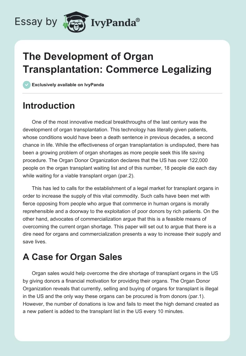 The Development of Organ Transplantation: Commerce Legalizing. Page 1
