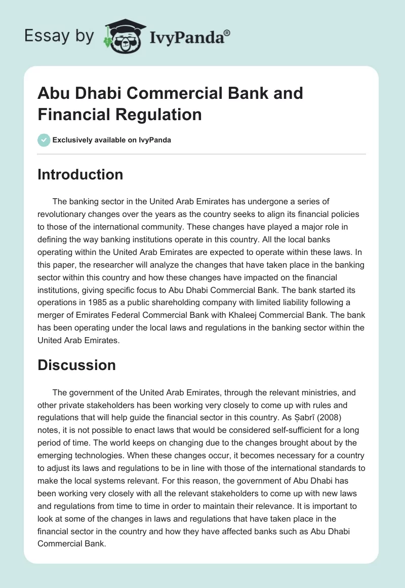 Abu Dhabi Commercial Bank and Financial Regulation. Page 1