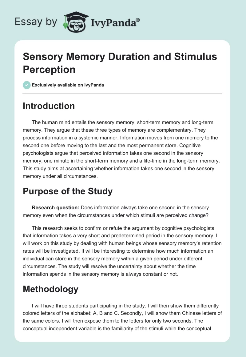 Sensory Memory Duration and Stimulus Perception. Page 1