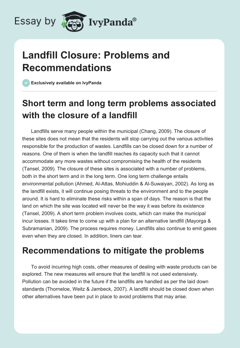 Landfill Closure: Problems and Recommendations. Page 1