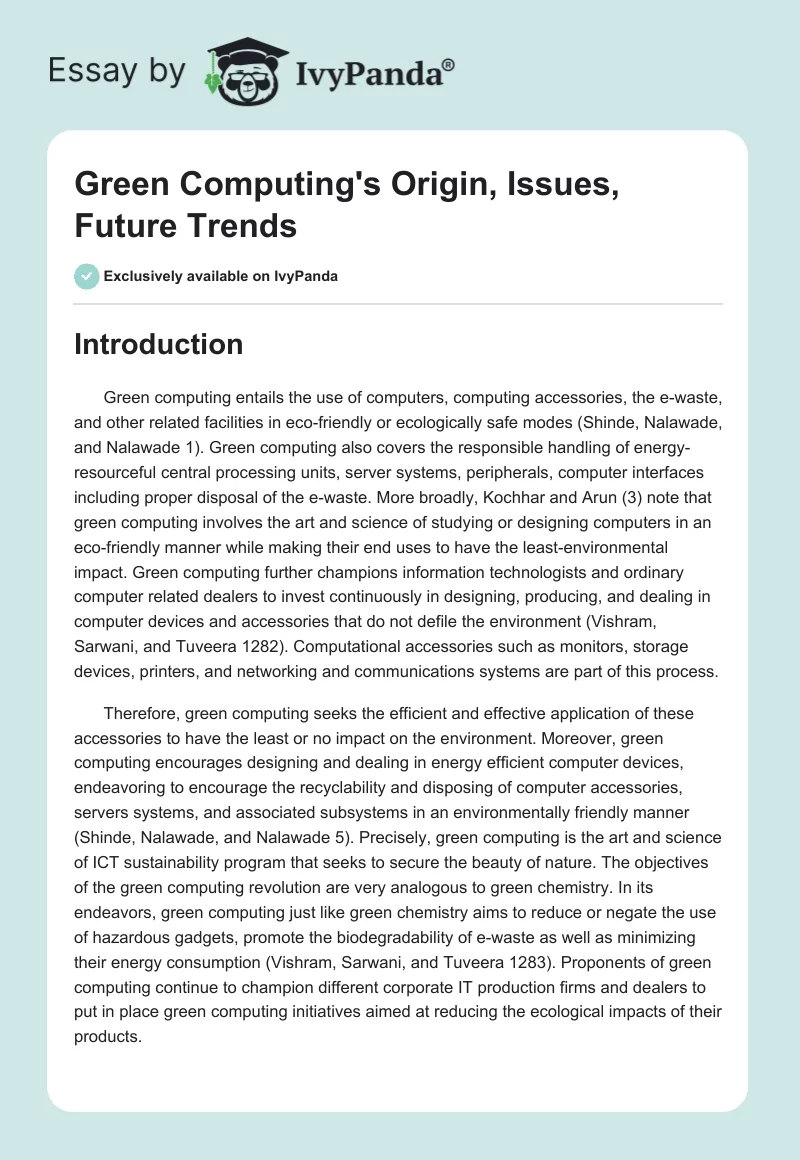 Green Computing's Origin, Issues, Future Trends. Page 1