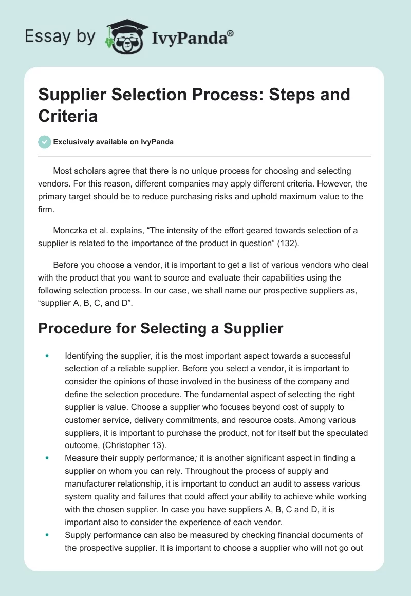 Supplier Selection Process: Steps and Criteria. Page 1