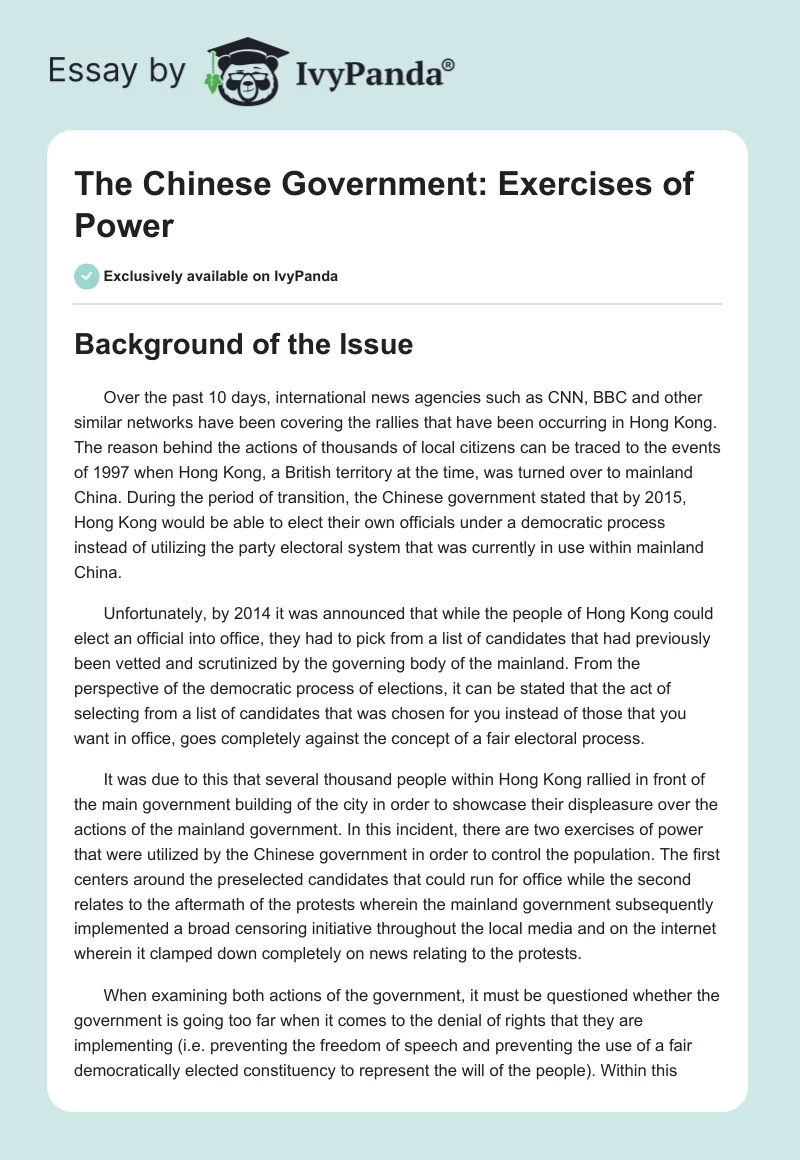The Chinese Government: Exercises of Power. Page 1