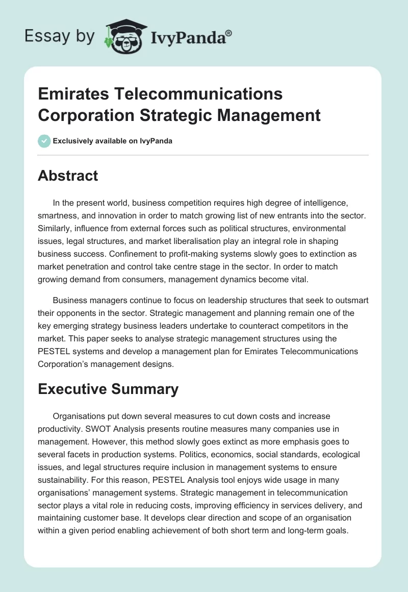 Emirates Telecommunications Corporation Strategic Management. Page 1
