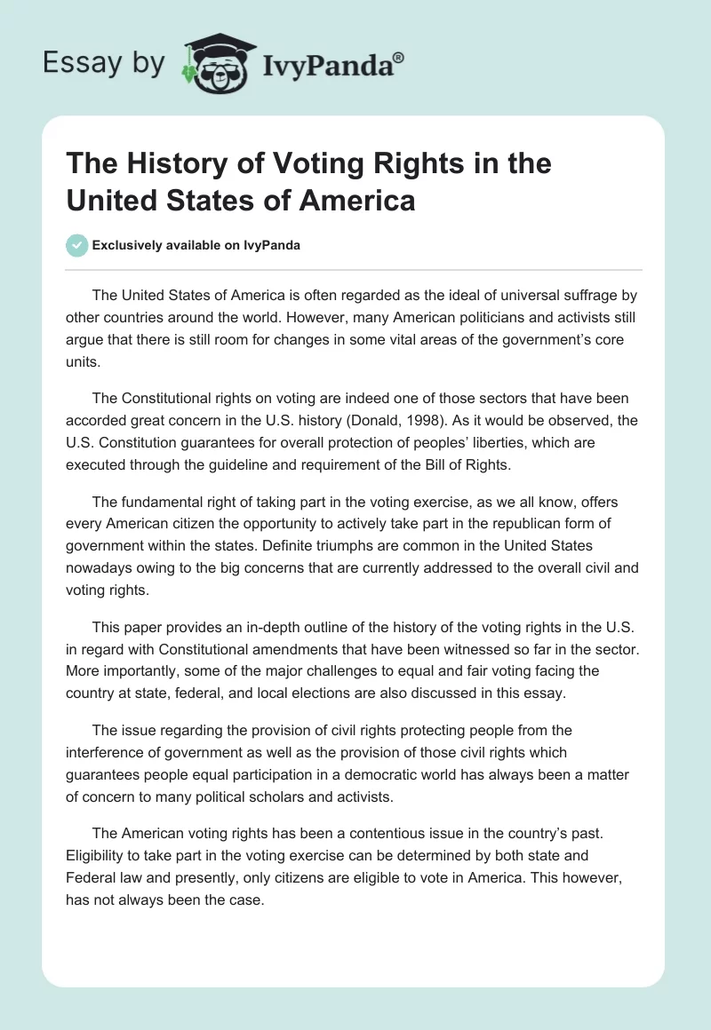 The History of Voting Rights in the United States of America. Page 1