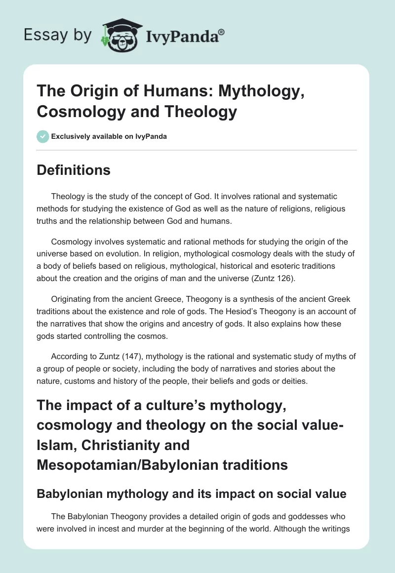 The Origin of Humans: Mythology, Cosmology and Theology. Page 1