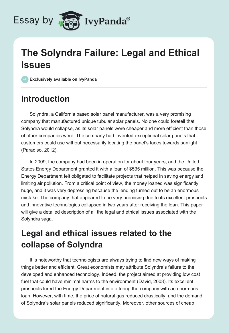 The Solyndra Failure: Legal and Ethical Issues. Page 1
