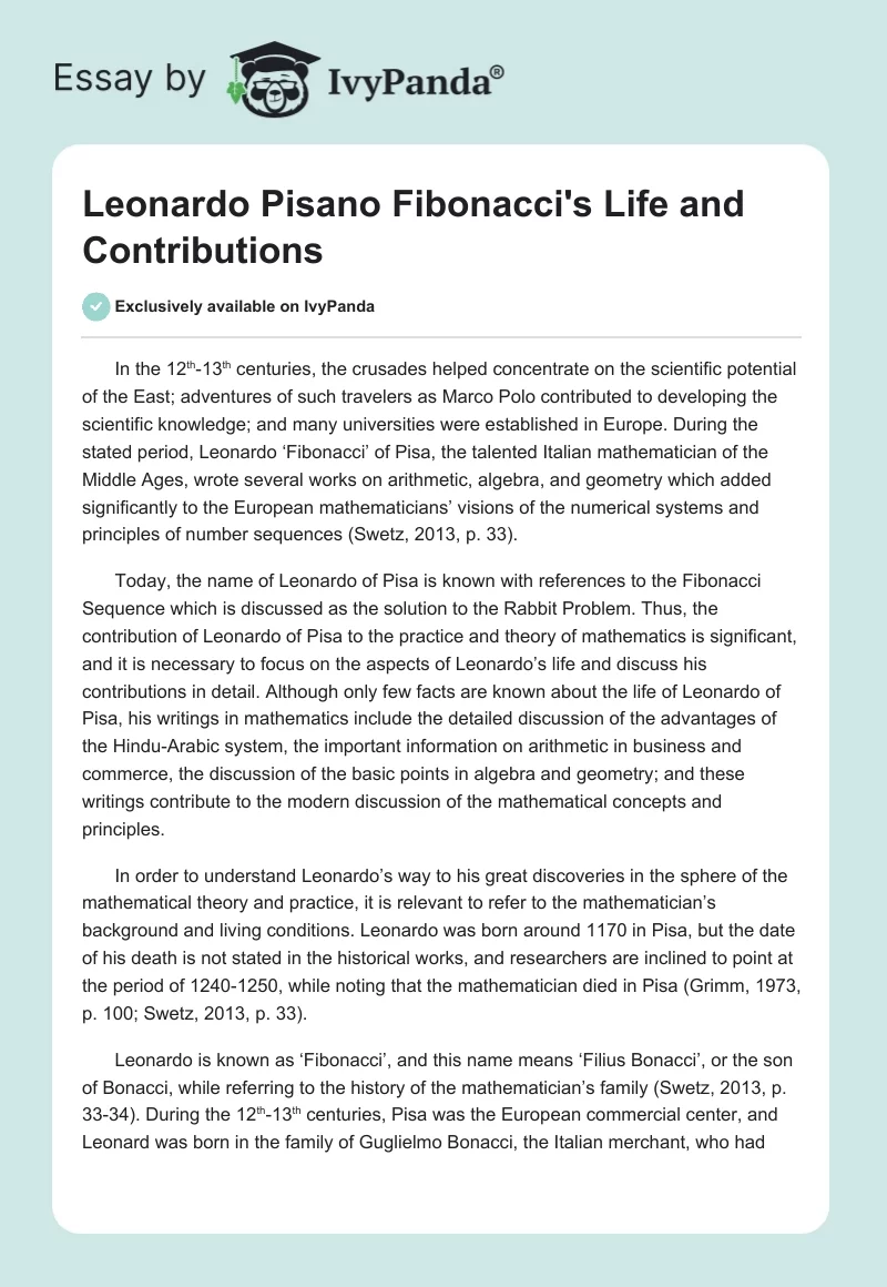 Leonardo Pisano Fibonacci's Life and Contributions. Page 1