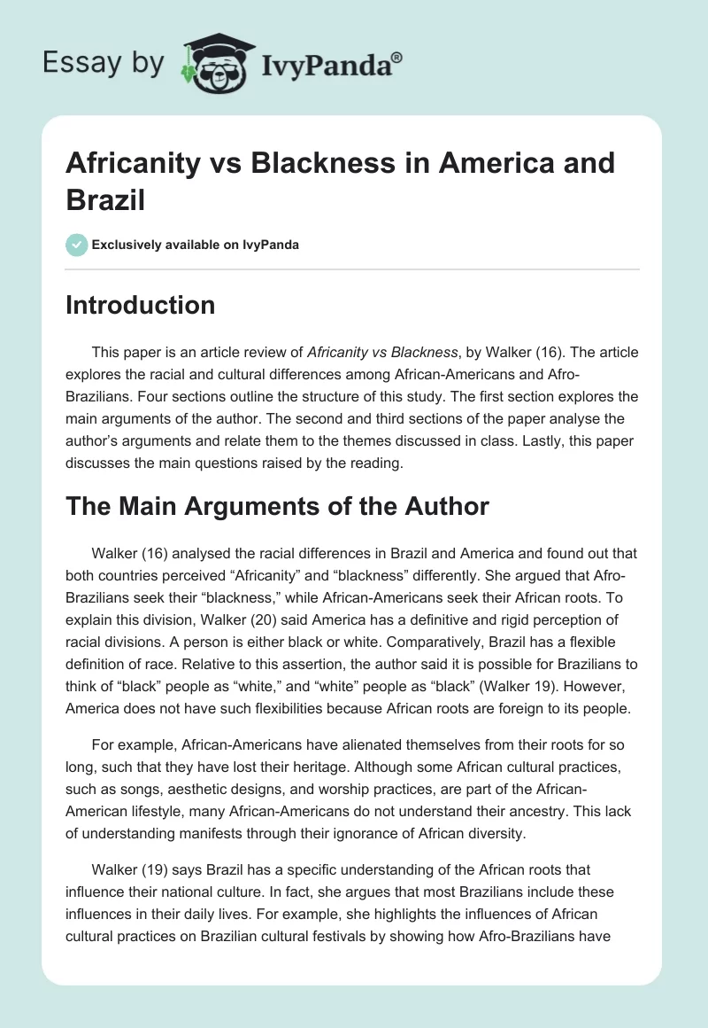 Africanity vs Blackness in America and Brazil. Page 1