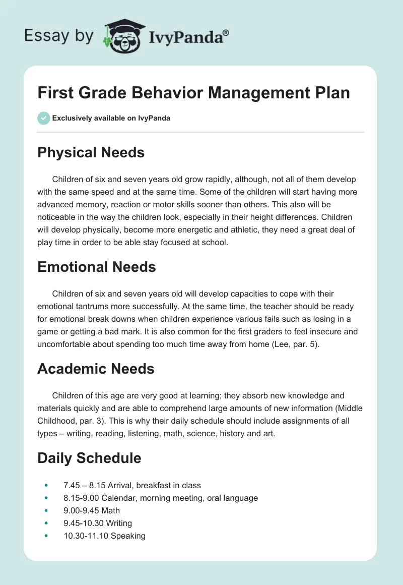 First Grade Behavior Management Plan. Page 1