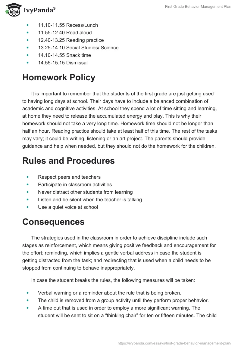 First Grade Behavior Management Plan. Page 2