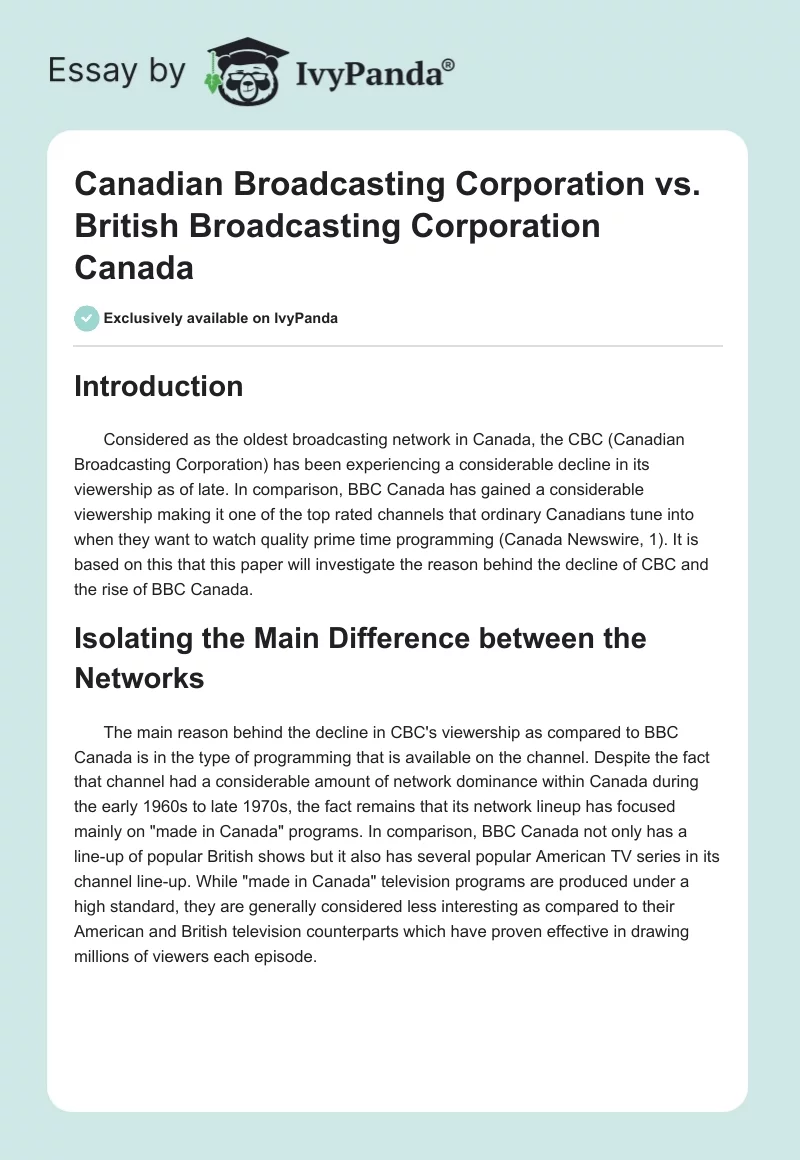Canadian Broadcasting Corporation vs. British Broadcasting Corporation Canada. Page 1