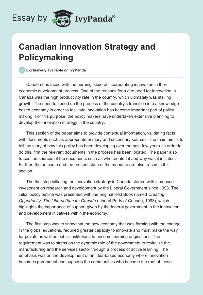 Canadian Innovation Strategy and Policymaking. Page 1