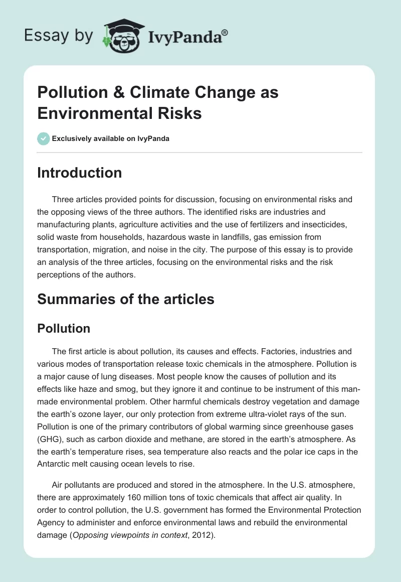 Pollution & Climate Change as Environmental Risks. Page 1