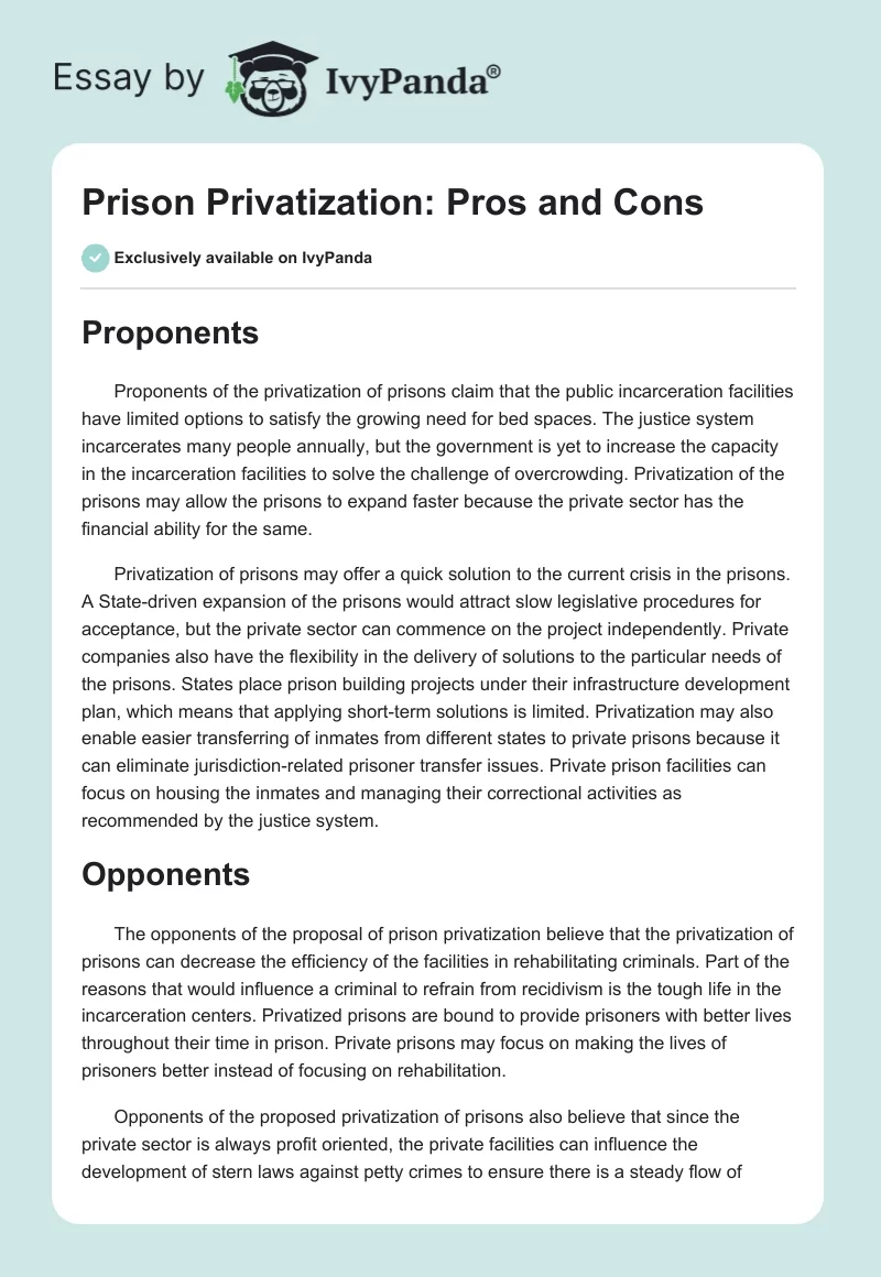 Prison Privatization: Pros and Cons. Page 1