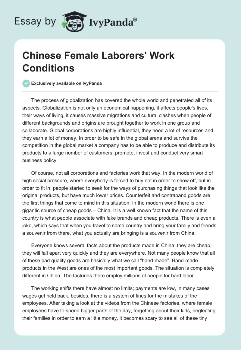 Chinese Female Laborers' Work Conditions. Page 1