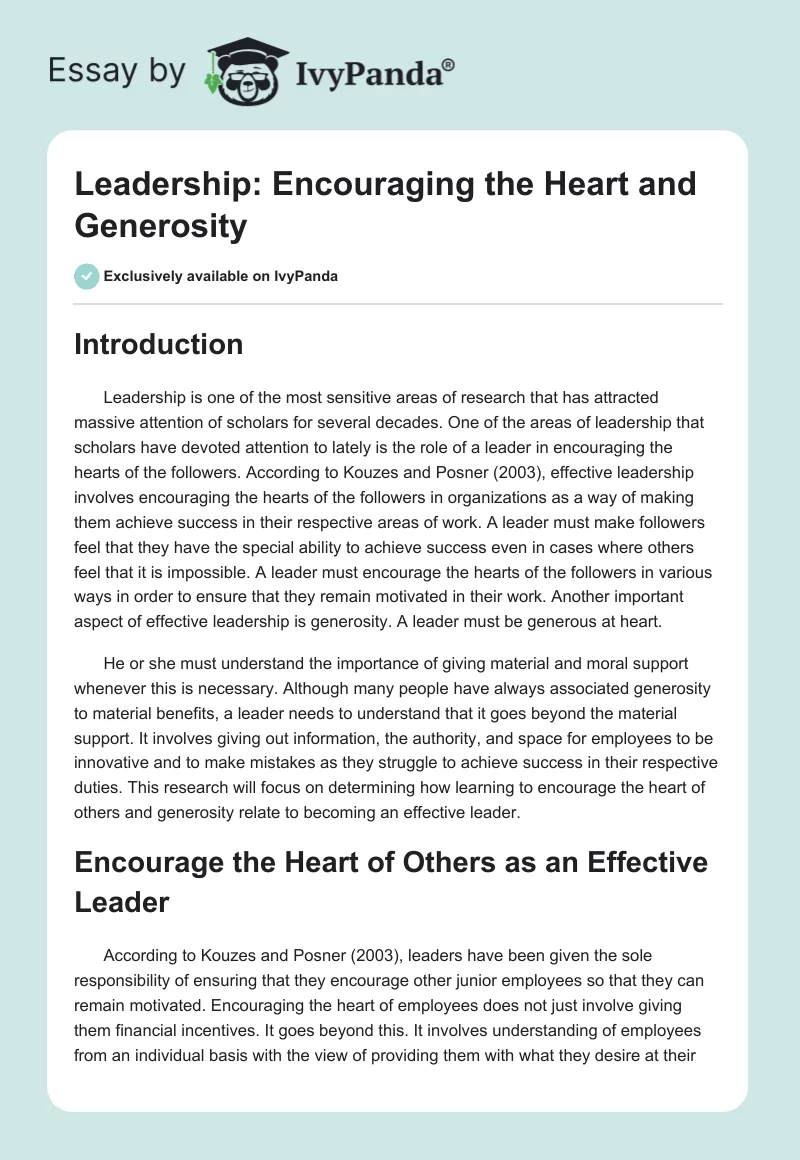 Leadership: Encouraging the Heart and Generosity. Page 1