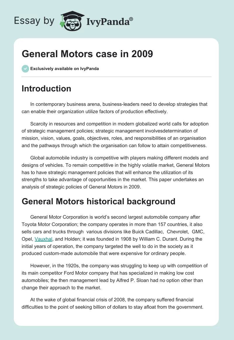 General Motors case in 2009. Page 1