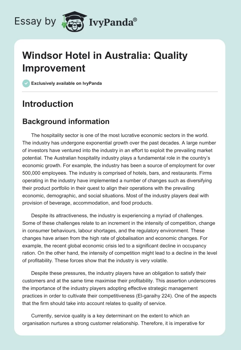 Windsor Hotel in Australia: Quality Improvement. Page 1
