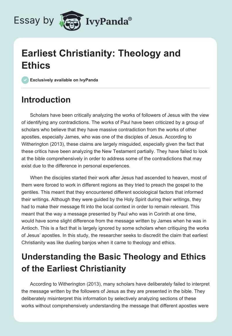 Earliest Christianity: Theology and Ethics. Page 1