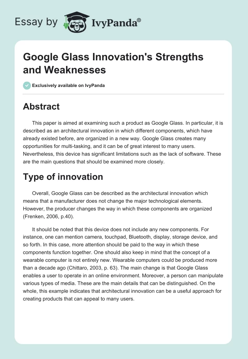 Google Glass Innovation's Strengths and Weaknesses. Page 1