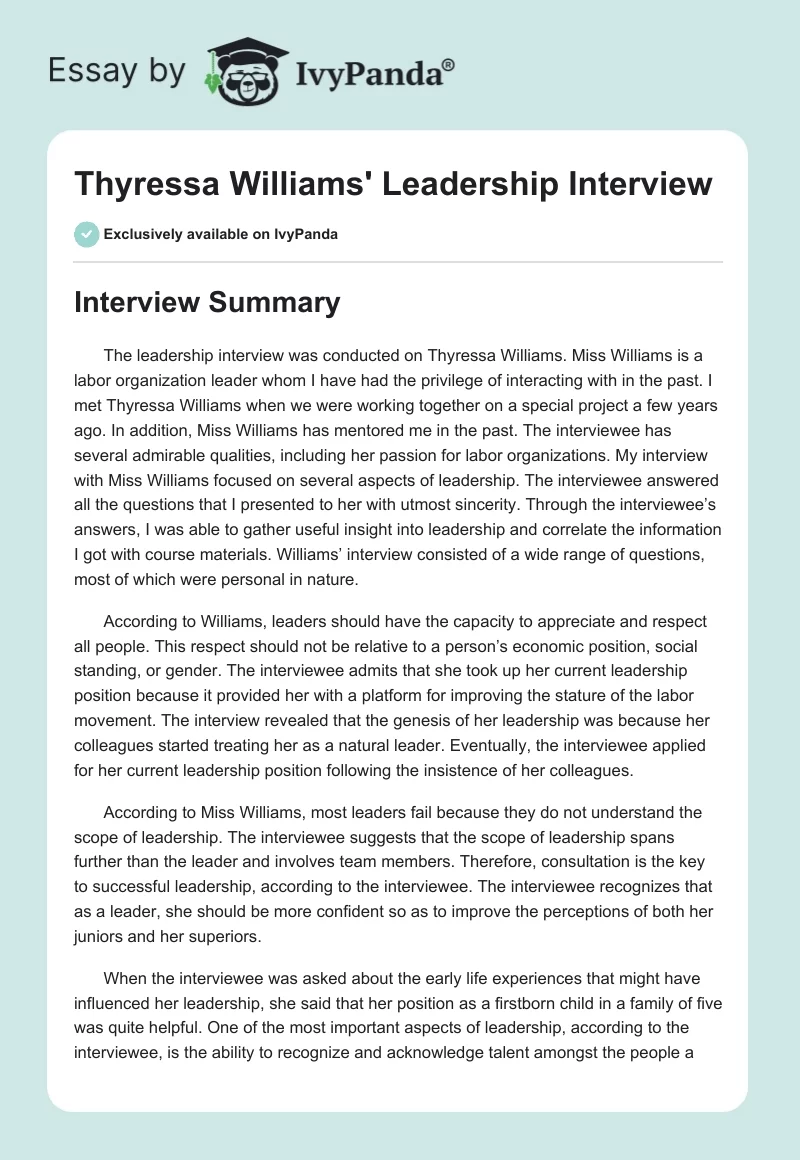 Thyressa Williams' Leadership Interview. Page 1