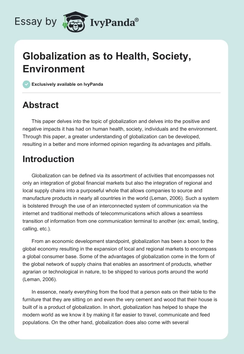 Globalization as to Health, Society, Environment. Page 1