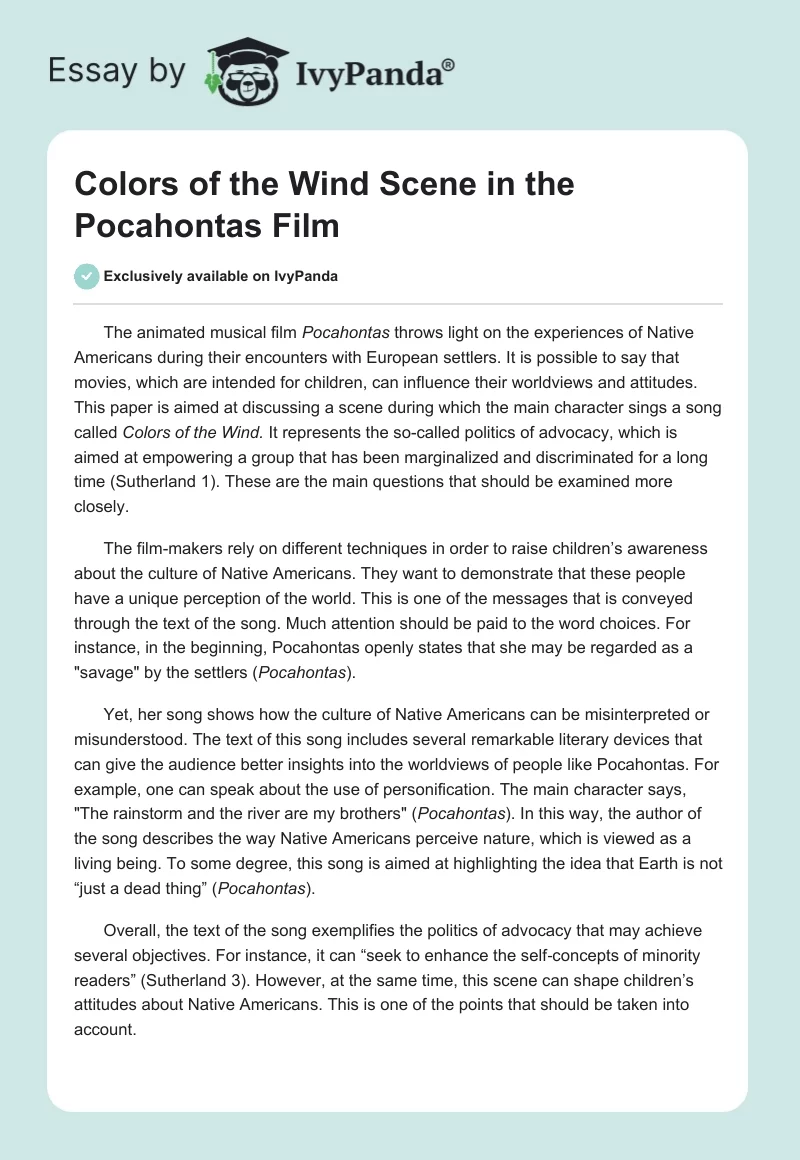 "Colors of the Wind" Scene in the "Pocahontas" Film. Page 1