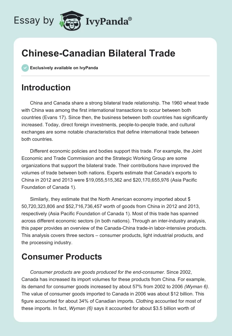 Chinese-Canadian Bilateral Trade. Page 1