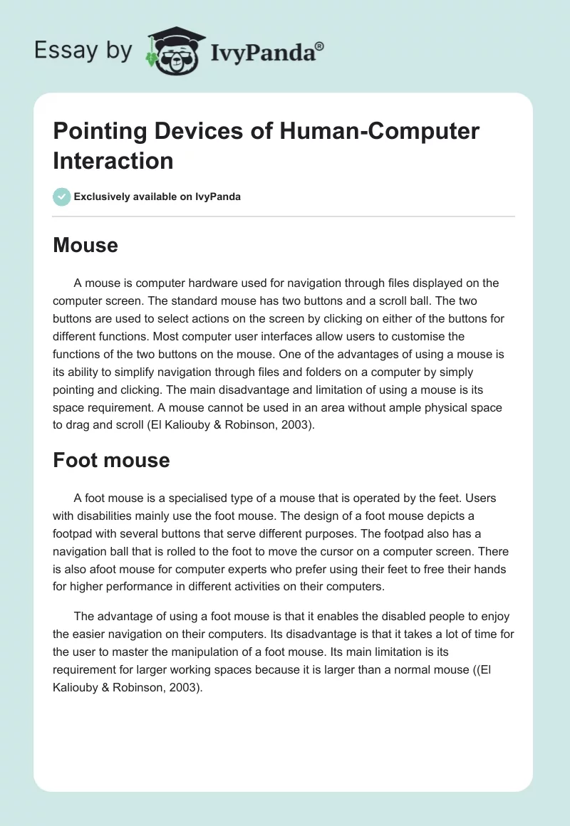 Pointing Devices of Human-Computer Interaction. Page 1