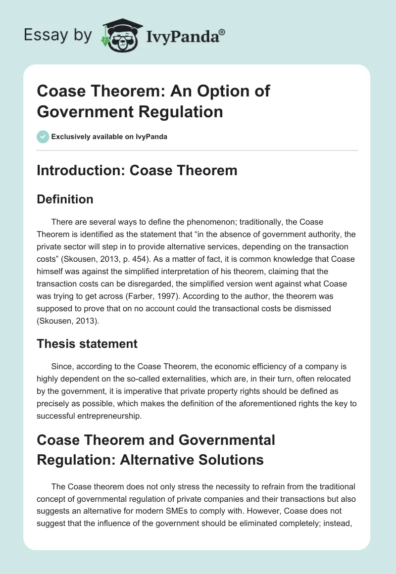Coase Theorem: An Option of Government Regulation. Page 1