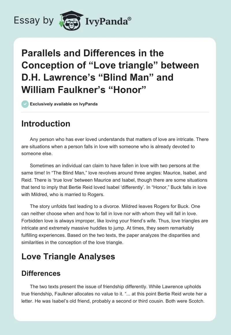 Parallels and Differences in the Conception of “Love triangle” between D.H. Lawrence’s “Blind Man” and William Faulkner’s “Honor”. Page 1