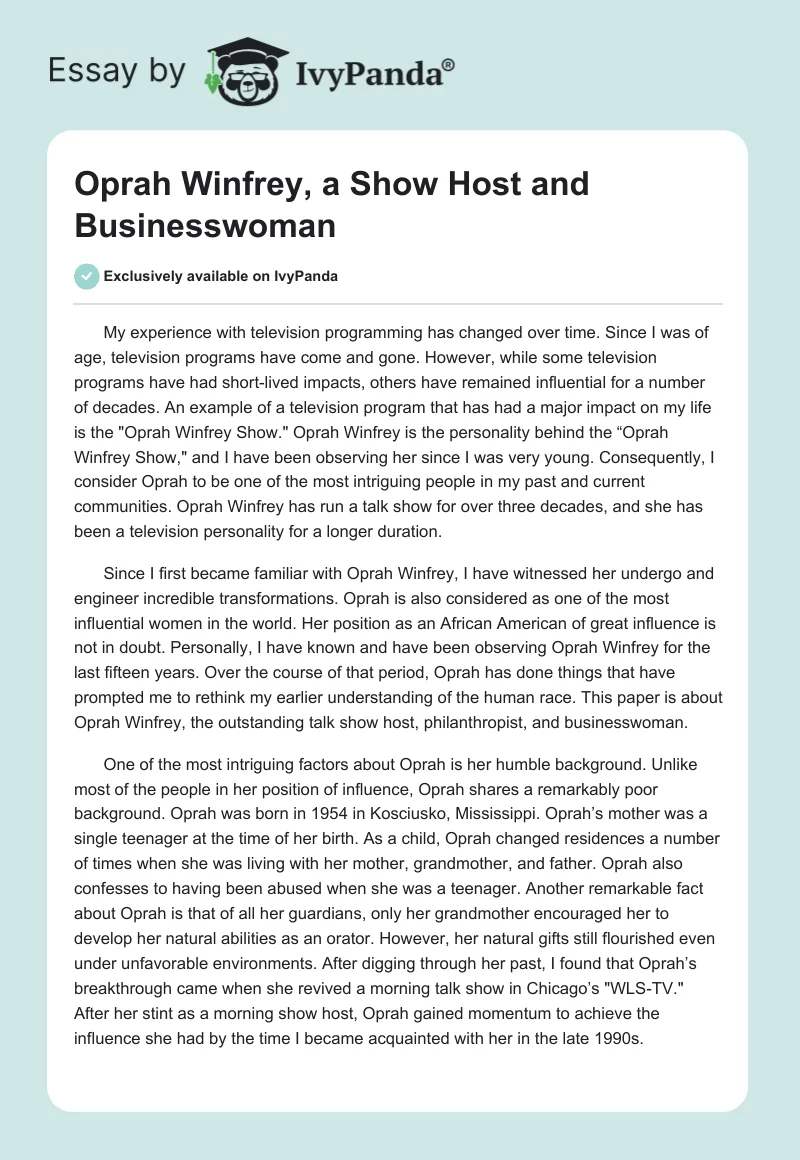 Oprah Winfrey, a Show Host and Businesswoman. Page 1