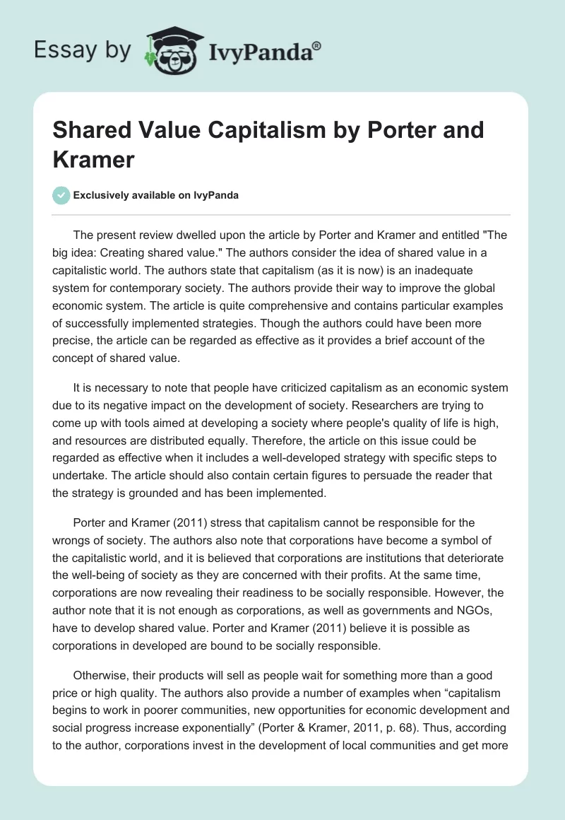 Shared Value Capitalism by Porter and Kramer. Page 1