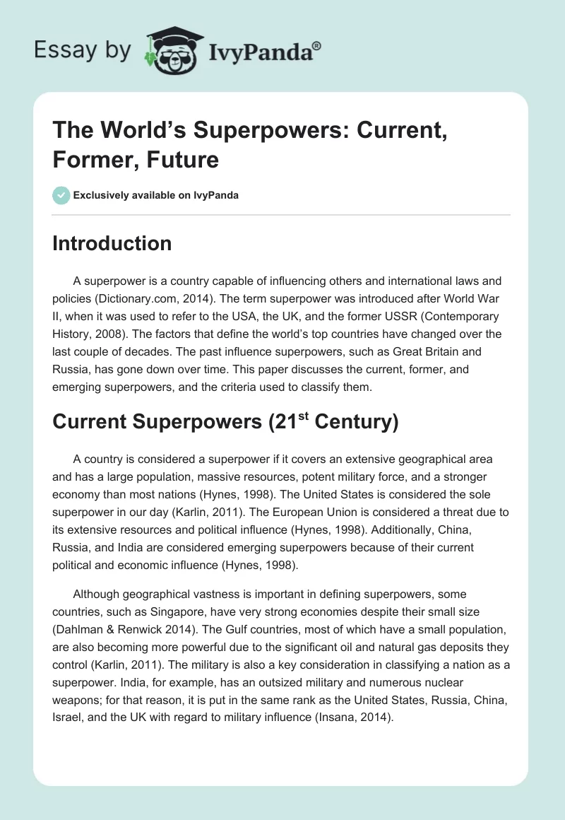 The World’s Superpowers: Current, Former, Future. Page 1