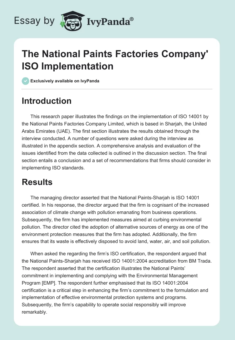 The National Paints Factories Company' ISO Implementation. Page 1