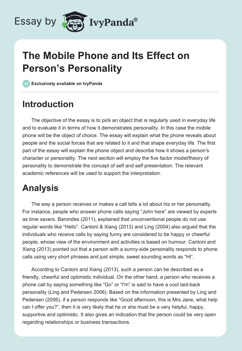 The Mobile Phone and Its Effect on Person’s Personality. Page 1