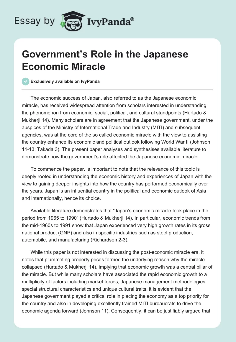 Government’s Role in the Japanese Economic Miracle. Page 1