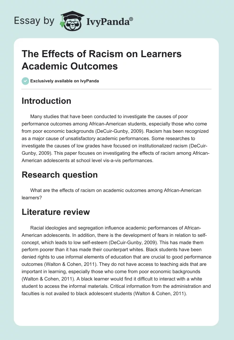 The Effects of Racism on Learners Academic Outcomes. Page 1