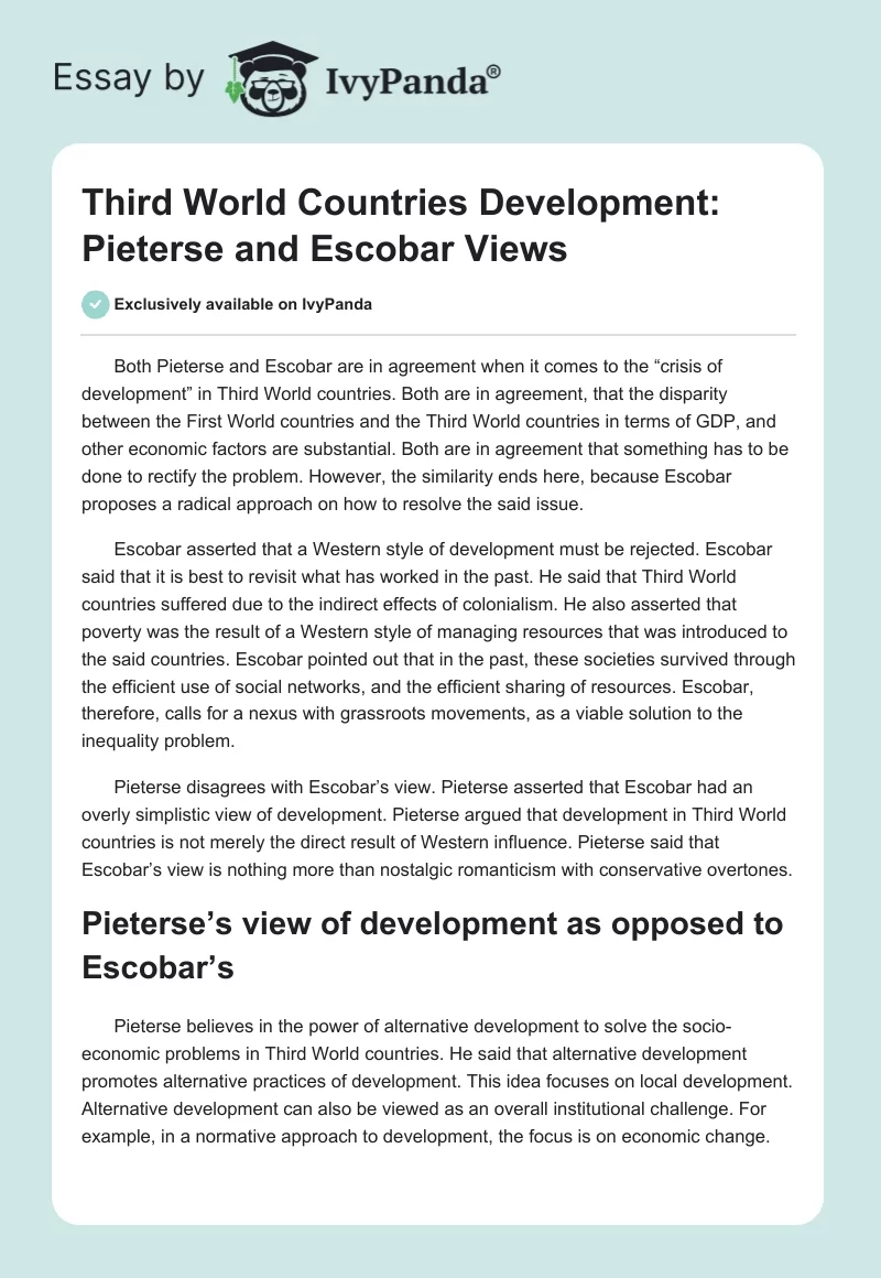 Third World Countries Development: Pieterse and Escobar Views. Page 1