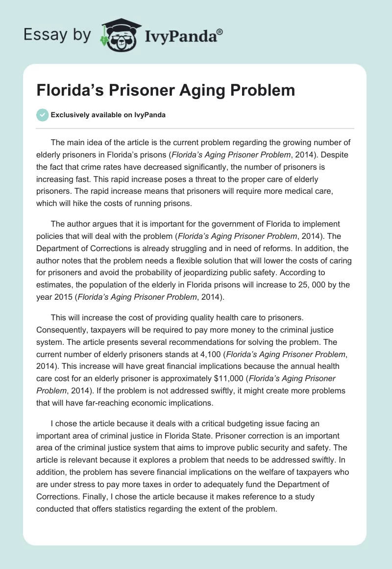 Florida’s Prisoner Aging Problem. Page 1