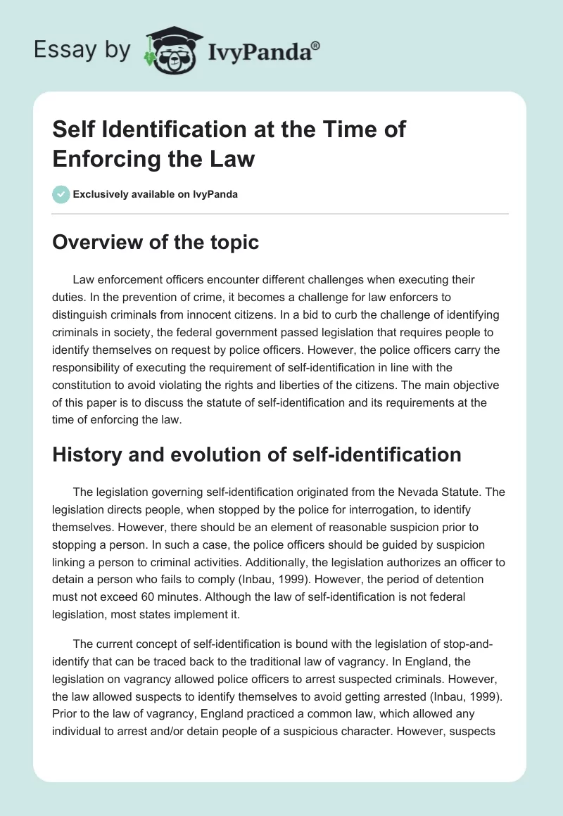 Self Identification at the Time of Enforcing the Law. Page 1