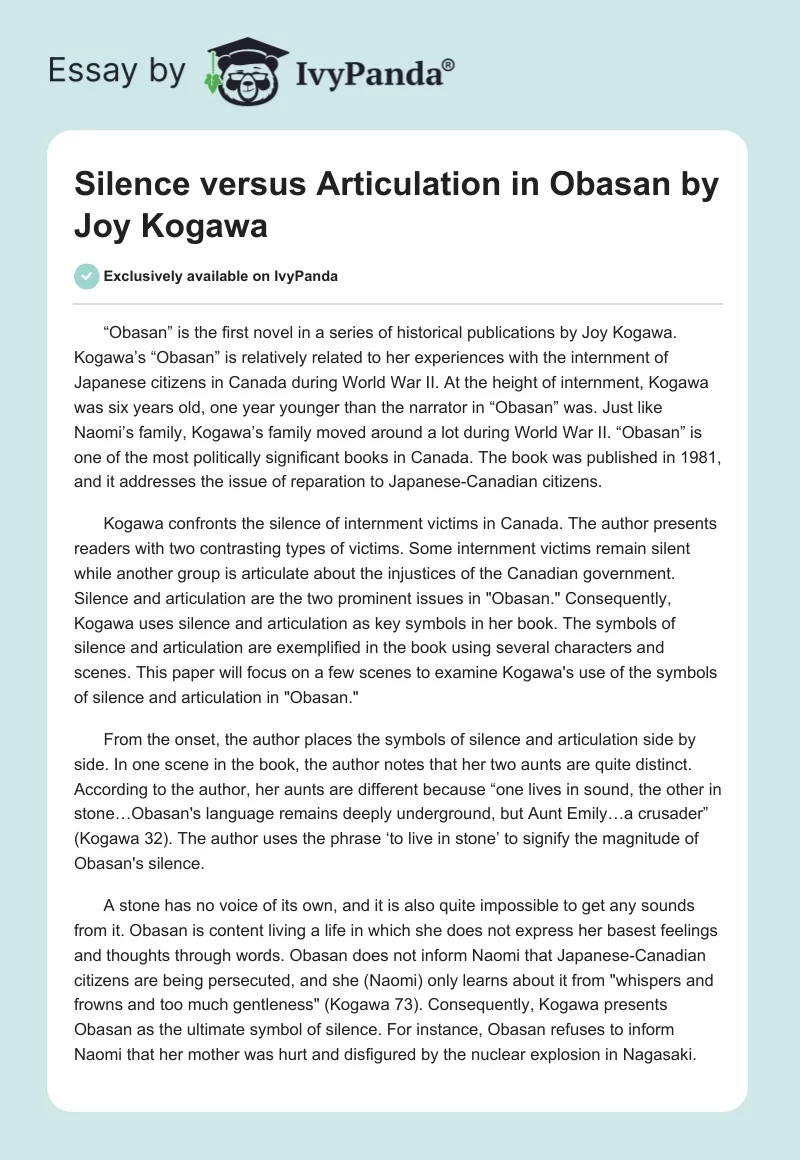 Silence versus Articulation in "Obasan" by Joy Kogawa. Page 1