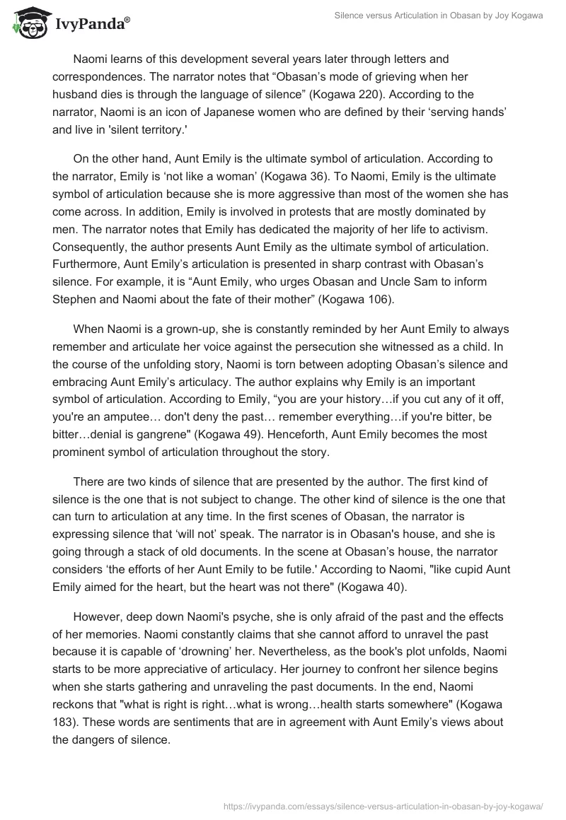 Silence versus Articulation in "Obasan" by Joy Kogawa. Page 2