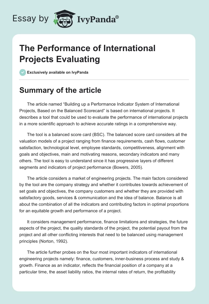 The Performance of International Projects Evaluating. Page 1