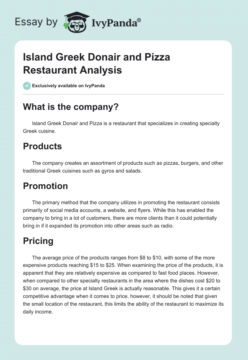 Island Greek Donair and Pizza Restaurant Analysis. Page 1