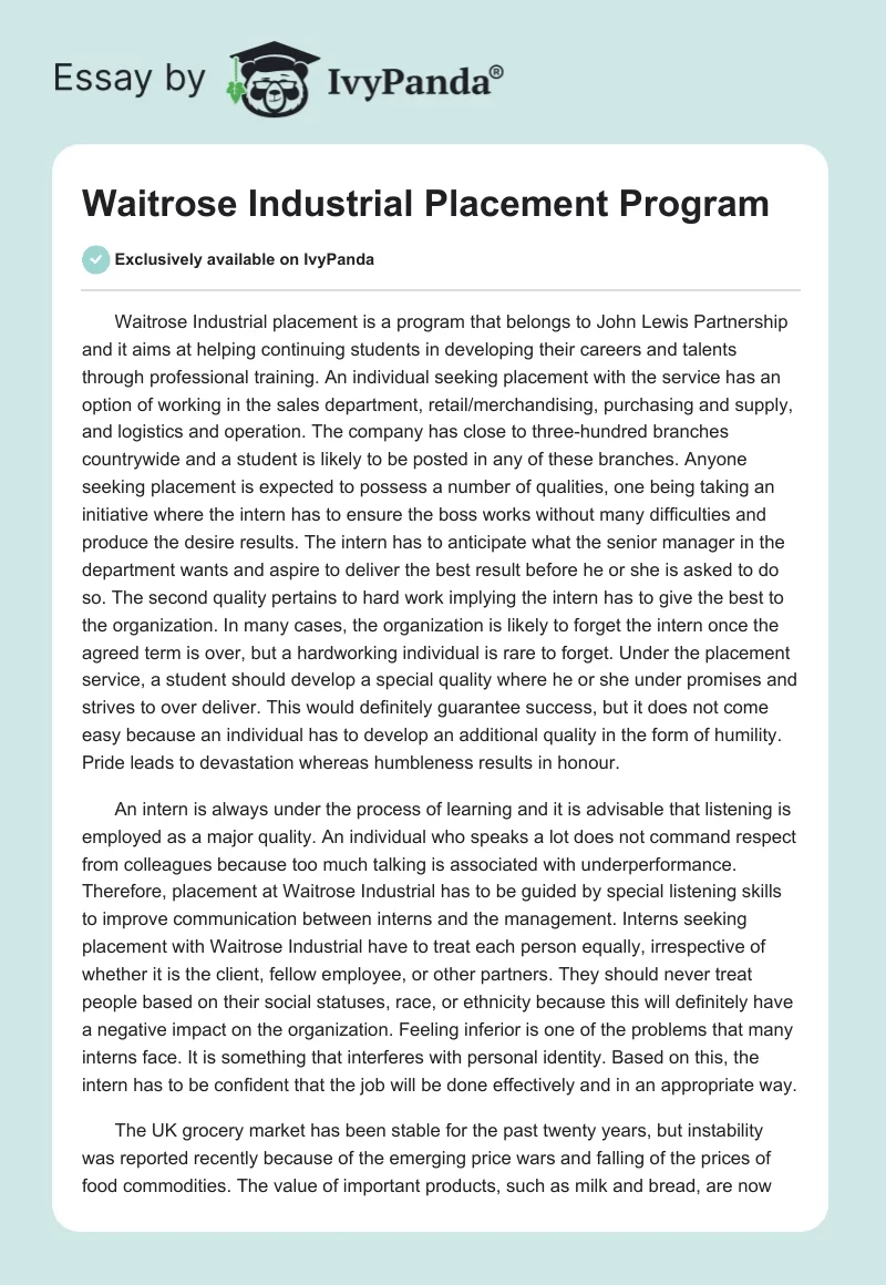 Waitrose Industrial Placement Program. Page 1