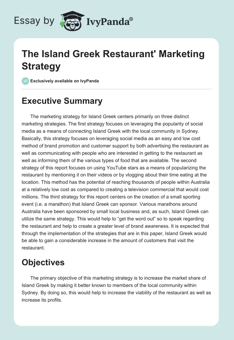 The Island Greek Restaurant' Marketing Strategy. Page 1