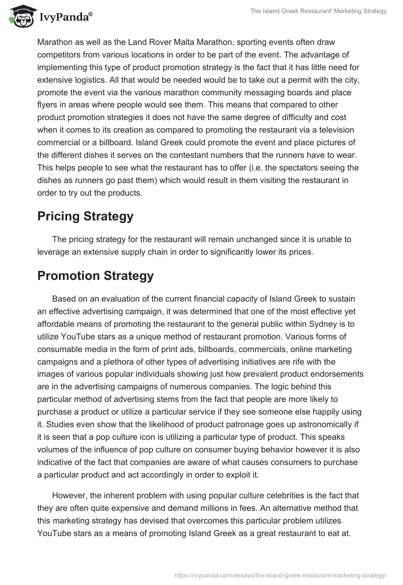 The Island Greek Restaurant' Marketing Strategy. Page 3